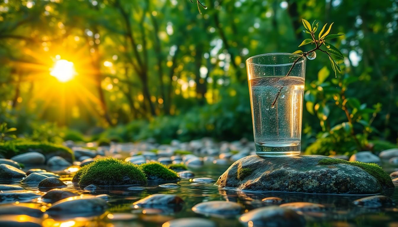 Serene forest morning with golden sunlight, clear stream, and dew-drenched foliage.