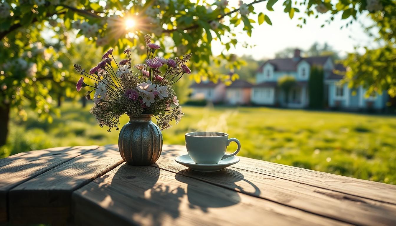 Rustic table with wildflowers and tea in a blossoming orchard; serene spring scene.