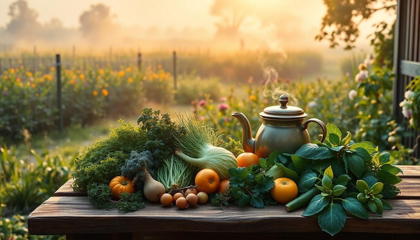 Tranquil rural scene with a rustic table of vegetables and herbal tea at dawn.