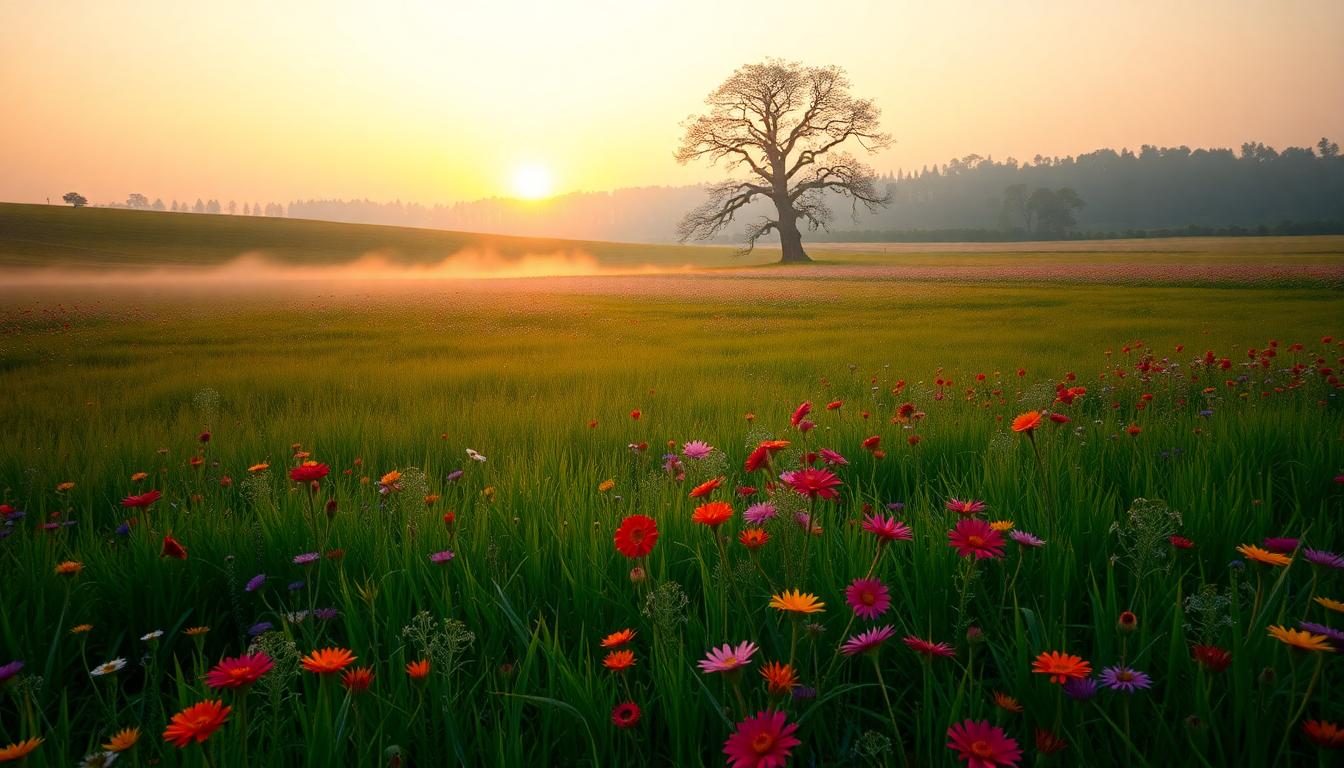 Sunrise over meadow with vibrant wildflowers, mist, and majestic oak tree.