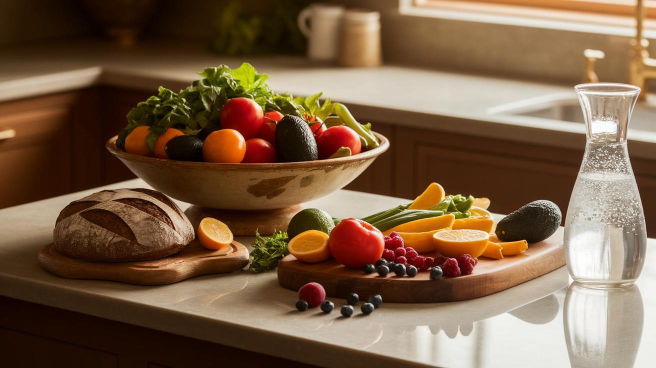 Serene kitchen counter with vibrant fruits, vegetables, and artisanal breads in morning light.