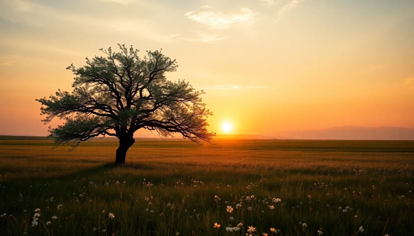 Golden sunrise over a meadow with wildflowers and a majestic tree.