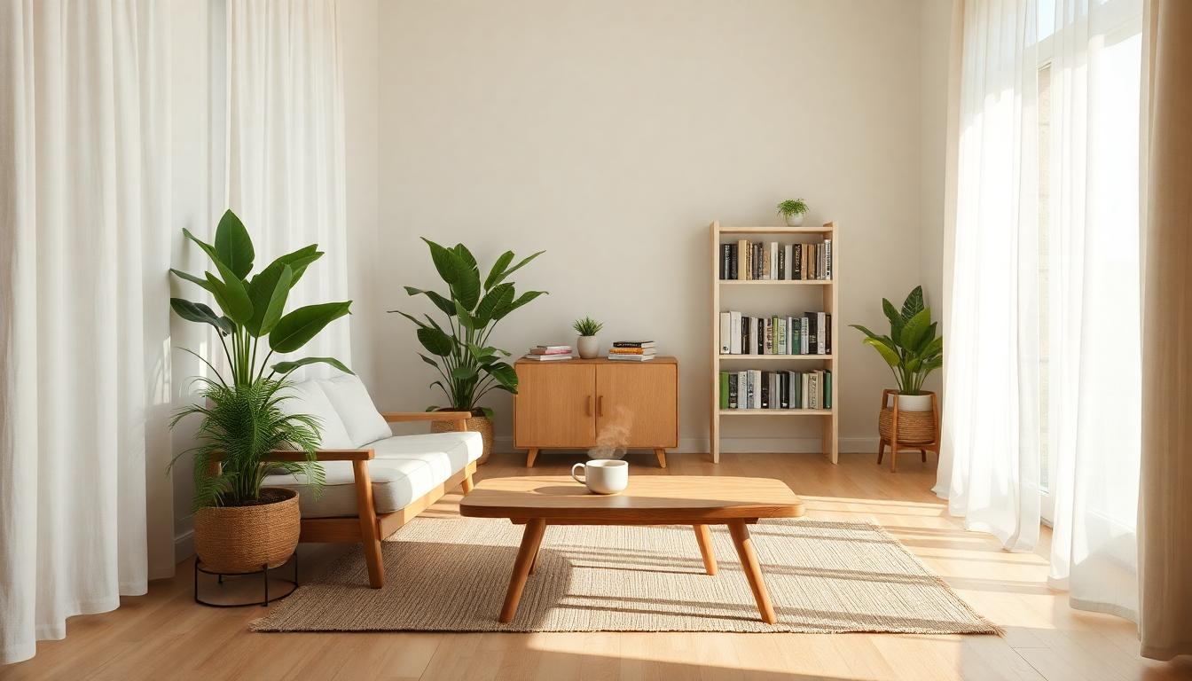 Serene toxin-free room with wooden furniture, lush plants, and organic cotton textiles.