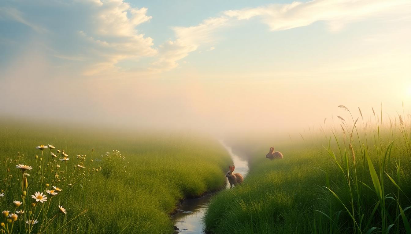 Sunlit meadow at dawn with wildflowers, mist, rabbits, and a meandering brook.