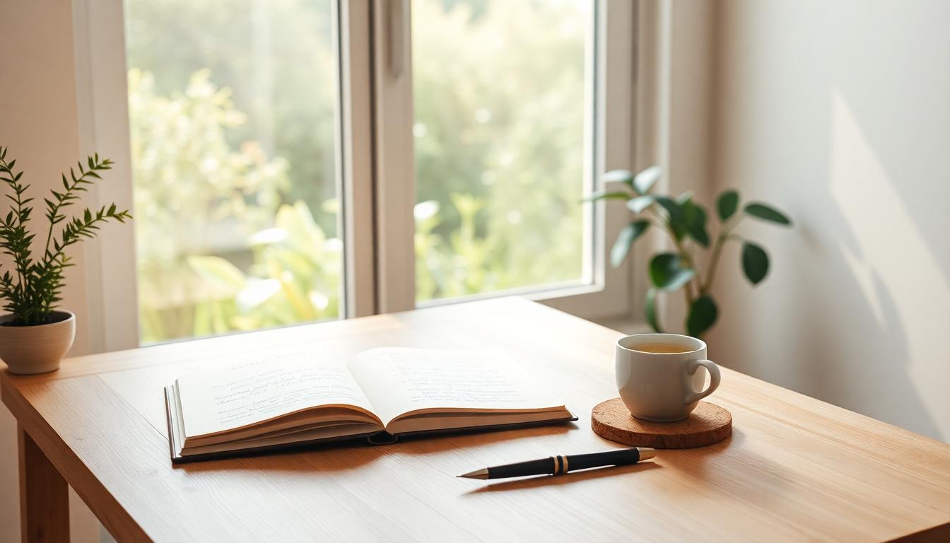 Sunlit minimalist workspace with a wooden desk, potted plant, journal, and herbal tea.