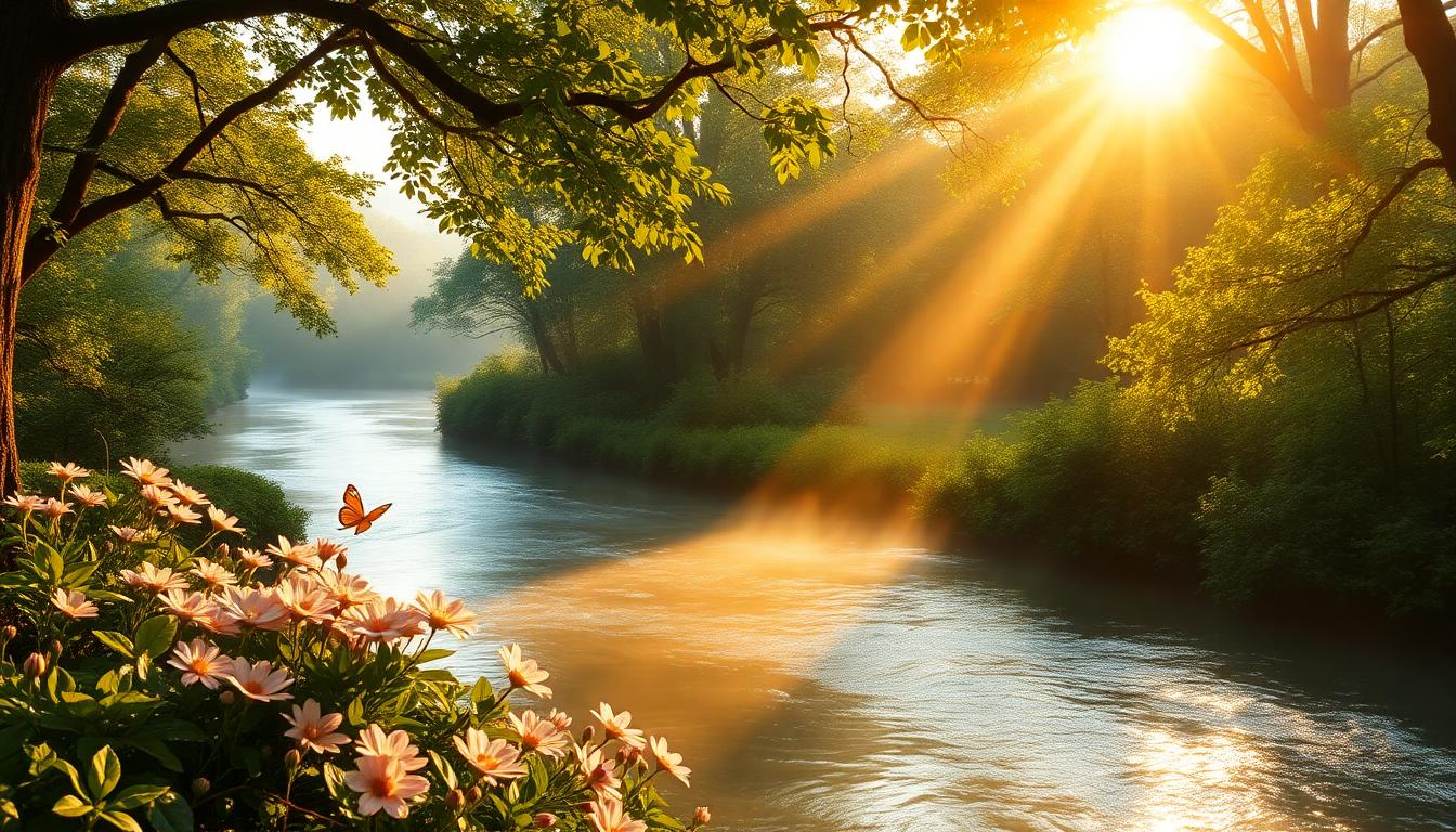 A serene mountain stream at dawn with wildflowers, sunlight, and an ornate feather.